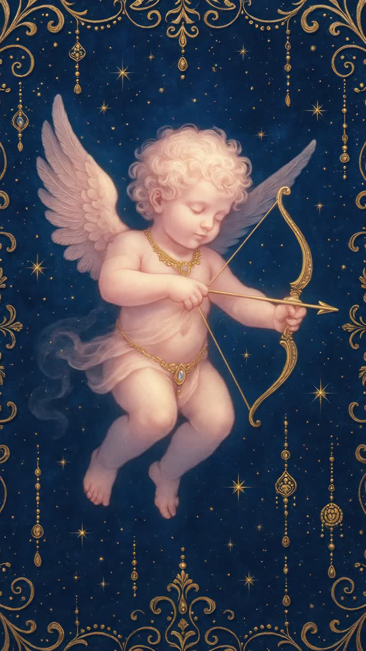 Aerial view of a cherubic angel with a bow, set against a starry backdrop