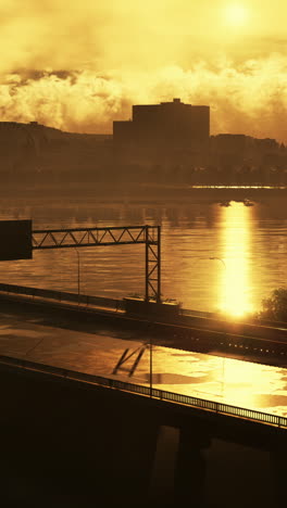 a stunning sunrise over a city with a bridge and a river in the foreground