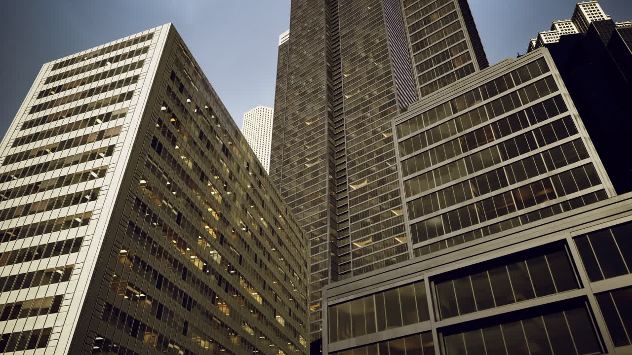 City skyline at dusk showcasing modern architecture and towering buildings