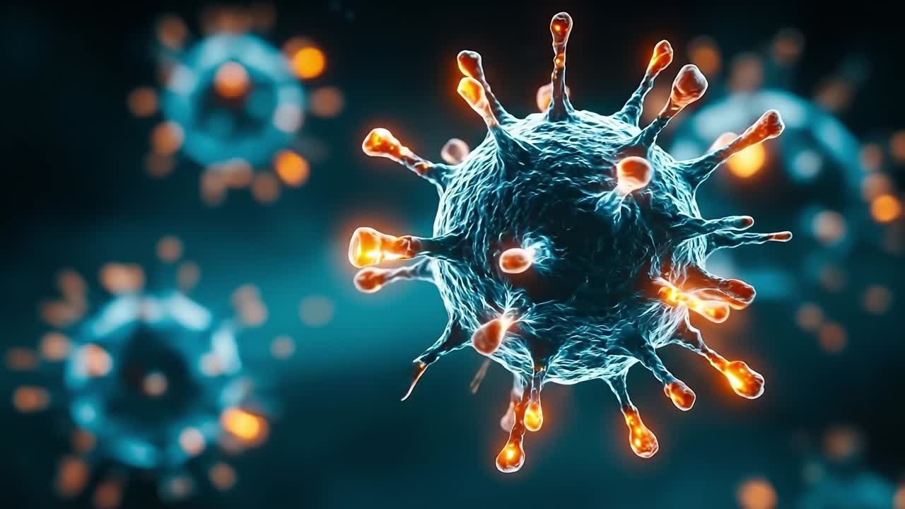 A close up of a virus in the middle of a group of viruses