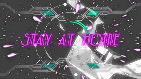 animation of purple neon words stay at home over multiple circles and shapes changing