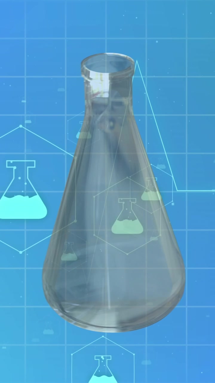 Animazione di icone di chimica e becher di chimica su sfondo blu.