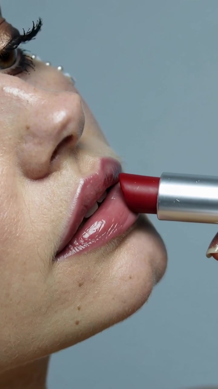 Vertical video: Lipstick nearing lip, hand applying evening red on woman's lip in studio, pearls