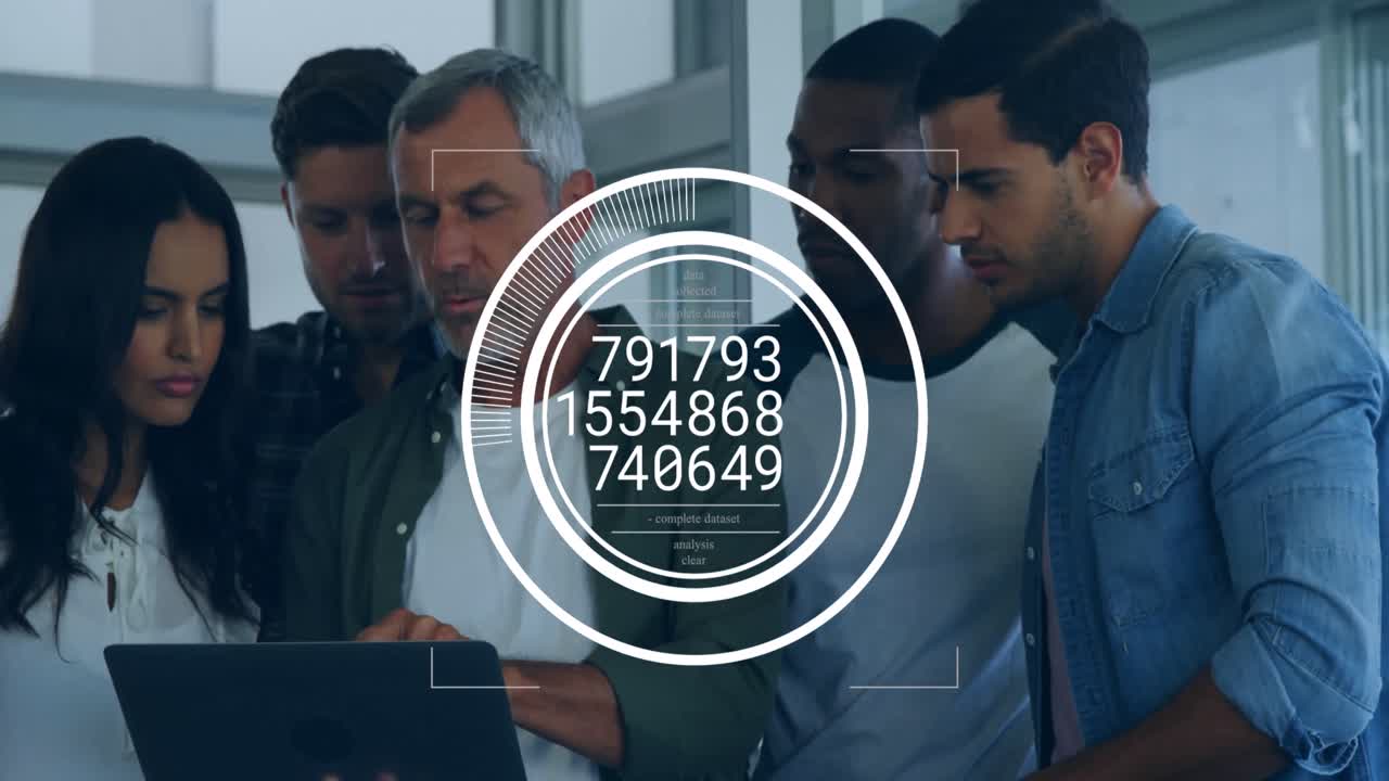 Animation of numbers on round scanner against diverse colleagues discussing over a laptop at office