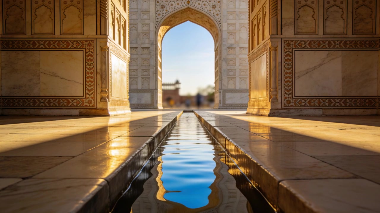 Breeze moving reflecting water channel inside marble monument, sending ripples toward arched portal