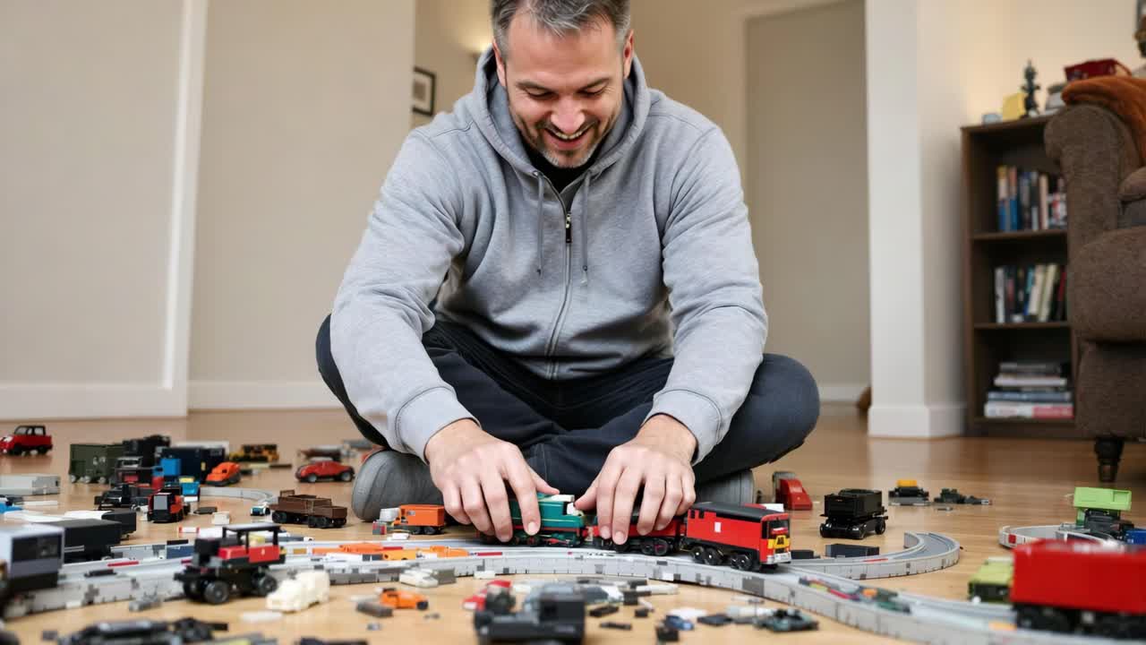Adult man engaged in playing with a toy train set on the floor, surrounded by various miniature vehicles and tracks, creating an imaginative scene of childhood nostalgia and creativity