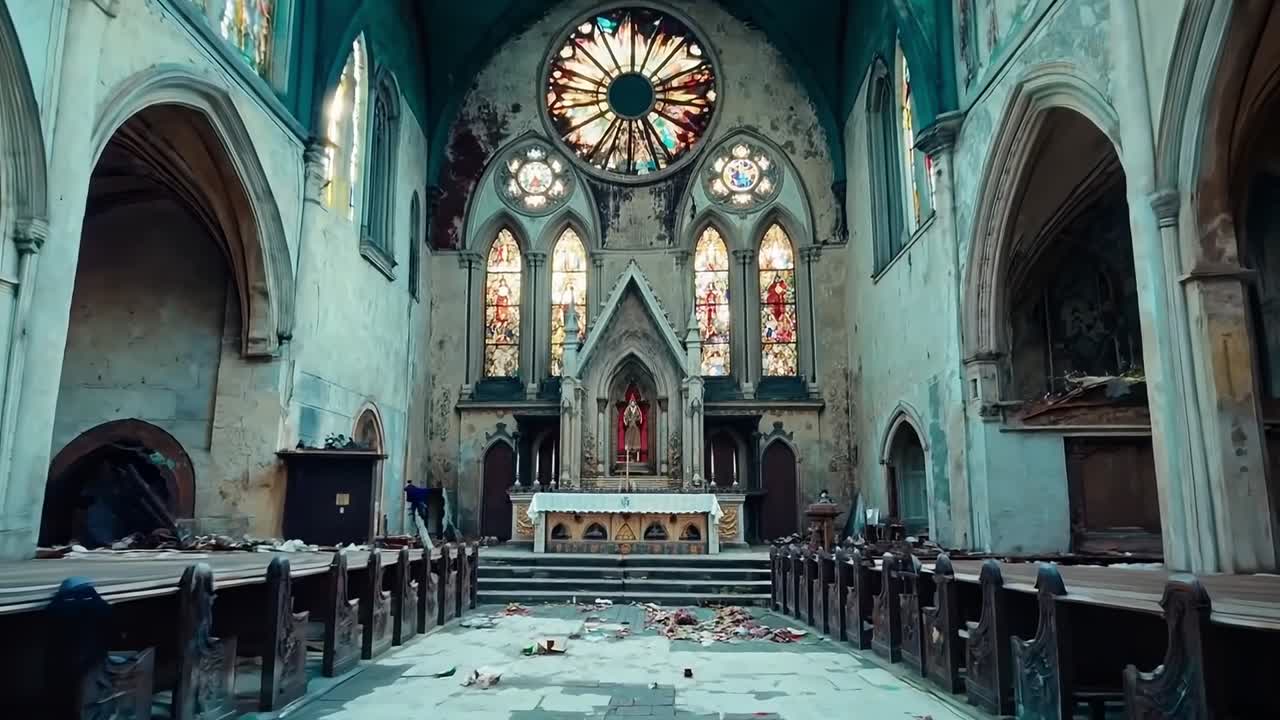 스테인드 글래스 창문 과 벤치 가 있는 교회