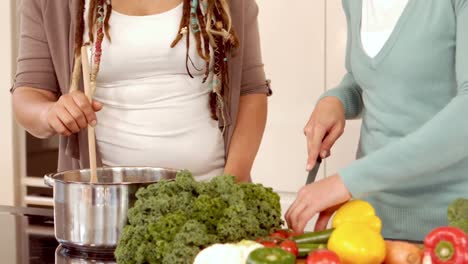 lesbian couple cooking together