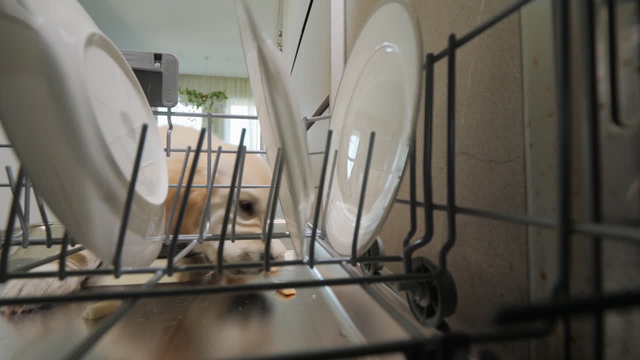 Golden retriever puppy eats and licks scraps from the dishwasher.