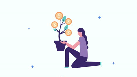young businesswoman lifting coins plant