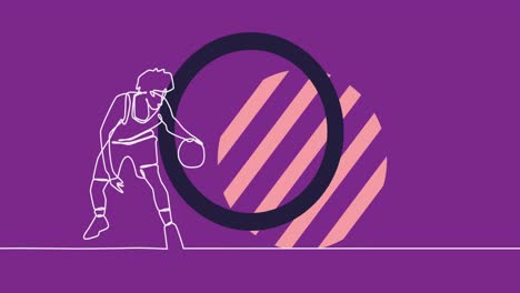 Animation-of-drawing-of-male-basketball-player-and-shapes-on-purple-background