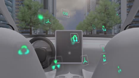 Animation-Von-Datenverarbeitungs--Und-Ökologiesymbolen-über-Stadt-Und-Auto