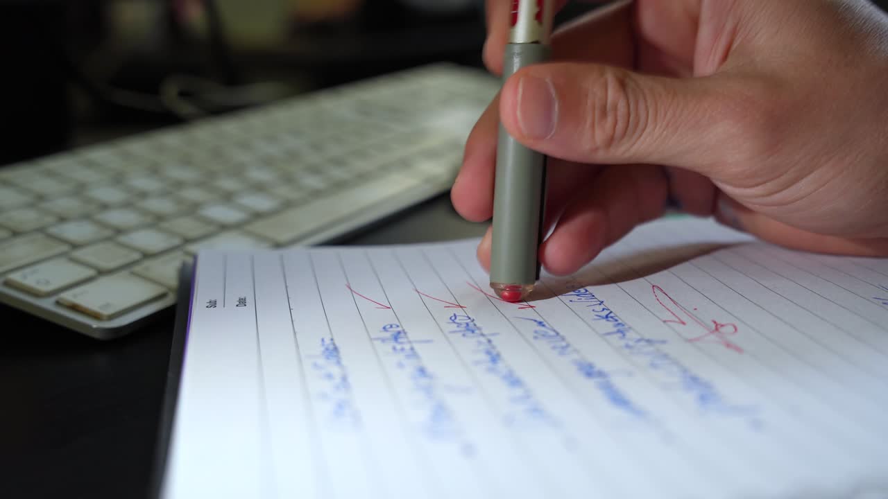 Close-up of a hand ticking off completed tasks in a notebook, showcasing productivity and efficiency at a modern workspace