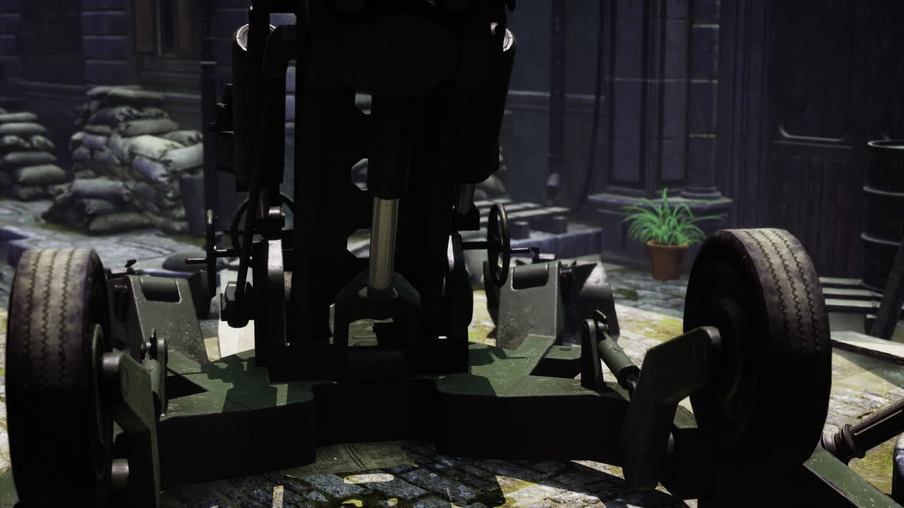 Military artillery positioned in a war torn urban environment during daytime