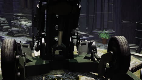 military artillery positioned in a war torn urban environment during daytime