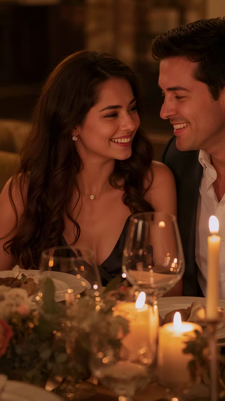 Vertical video: Smiling couple dressed up for date catching gaze, leaning in at dinner with candles