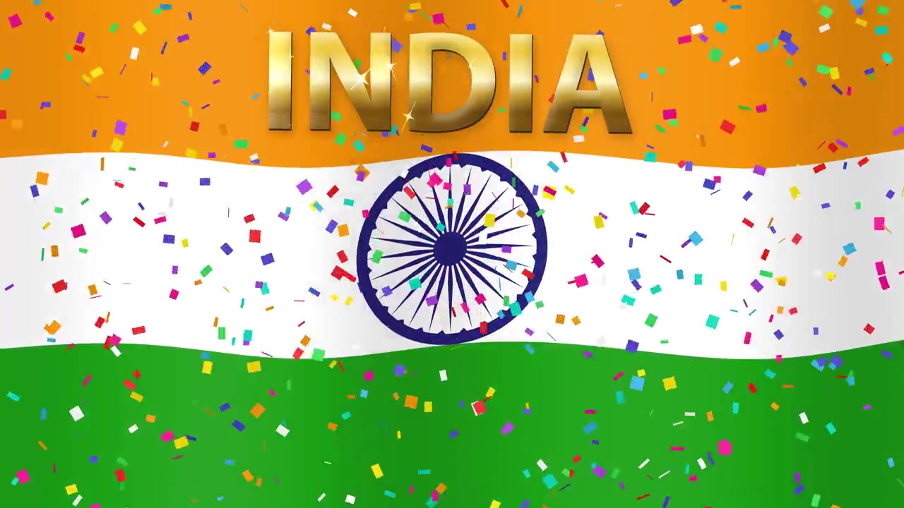 Bandera de la India ondeando con confeti y texto "India" superpuesto