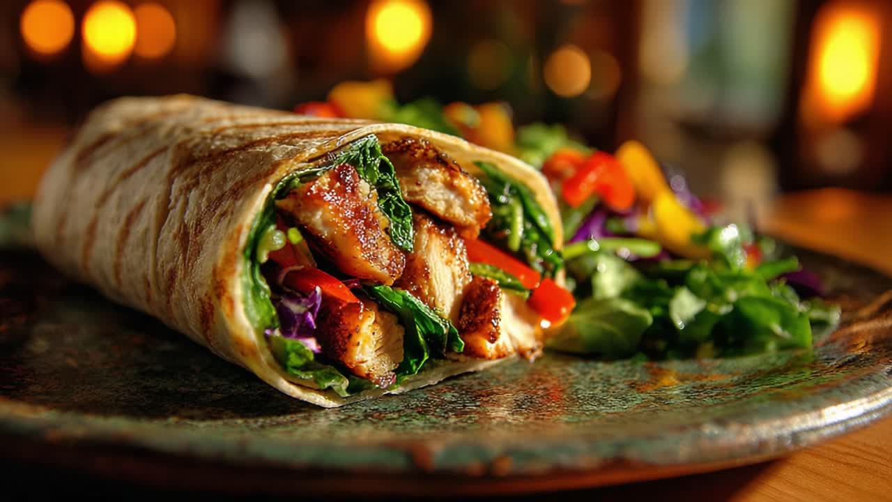 Delicious Grilled Chicken Wrap Served with Fresh Vegetables and Colorful Salad on a Rustic Plate, Perfect for Healthy Dining or a Quick Meal