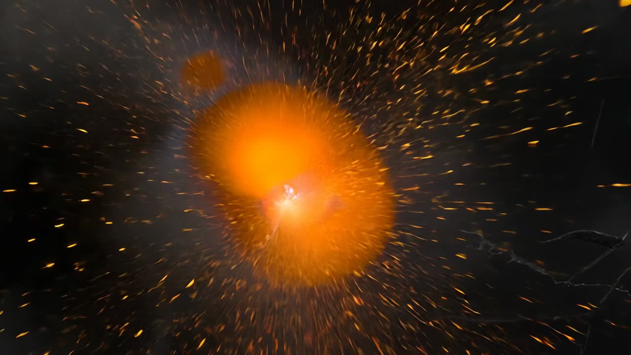 Starting light point expanding into orange sphere in dark void, simulating explosion effect