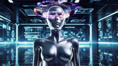 humanoid robot with futuristic holographic interface in a tech environment