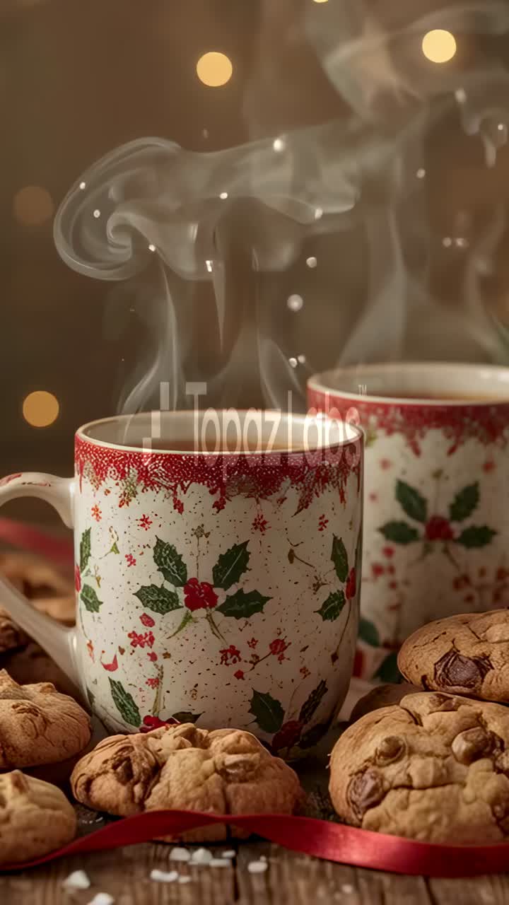 Vertical video: Steaming mug releasing steam after hot drink pour on table with cookies TopazLabs