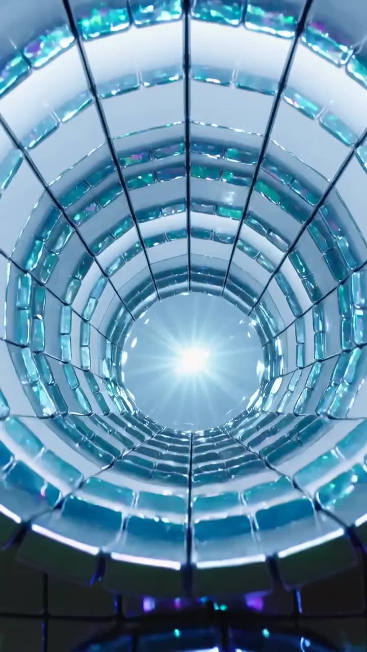 Video verticale: La telecamera inizia a salire all'interno di un condotto piastrellato, mostrando piastrelle lucide e concentriche, luce centrale.
