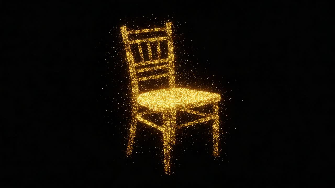 A Mesmerizing Glimpse of a Chair Constructed from Glimmering Particles, Capturing a Dance of Light and Reflection Against a Dark Background