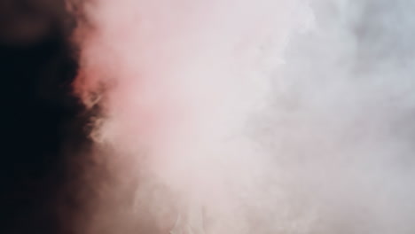 girl standing grenade smoke in dark background. colorful red fume is moving air