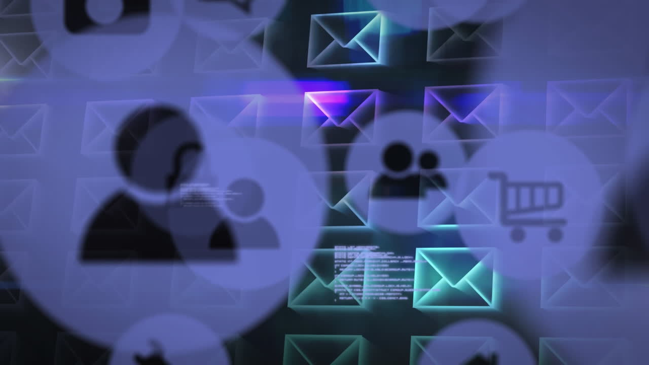 animación de personas e iconos de sobres de correo electrónico con datos y información en movimiento