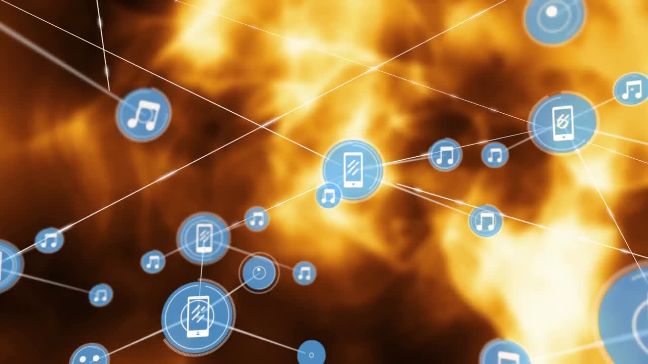 미디어 아이콘과 라이트 트레일을 통한 연결 네트워크의 애니메이션