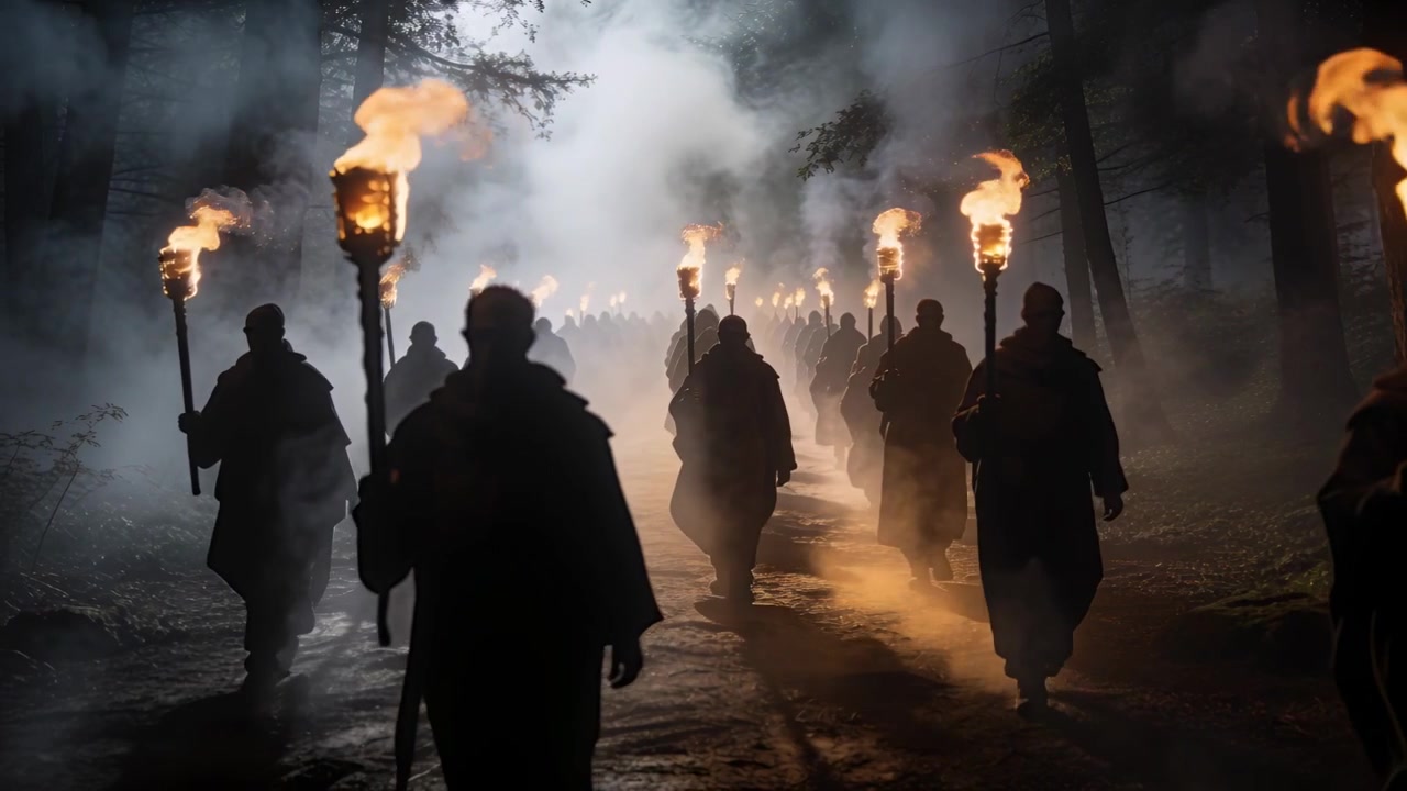 Torches being lit signaling cloaked torchbearers marching along foggy pine path for ritual march
