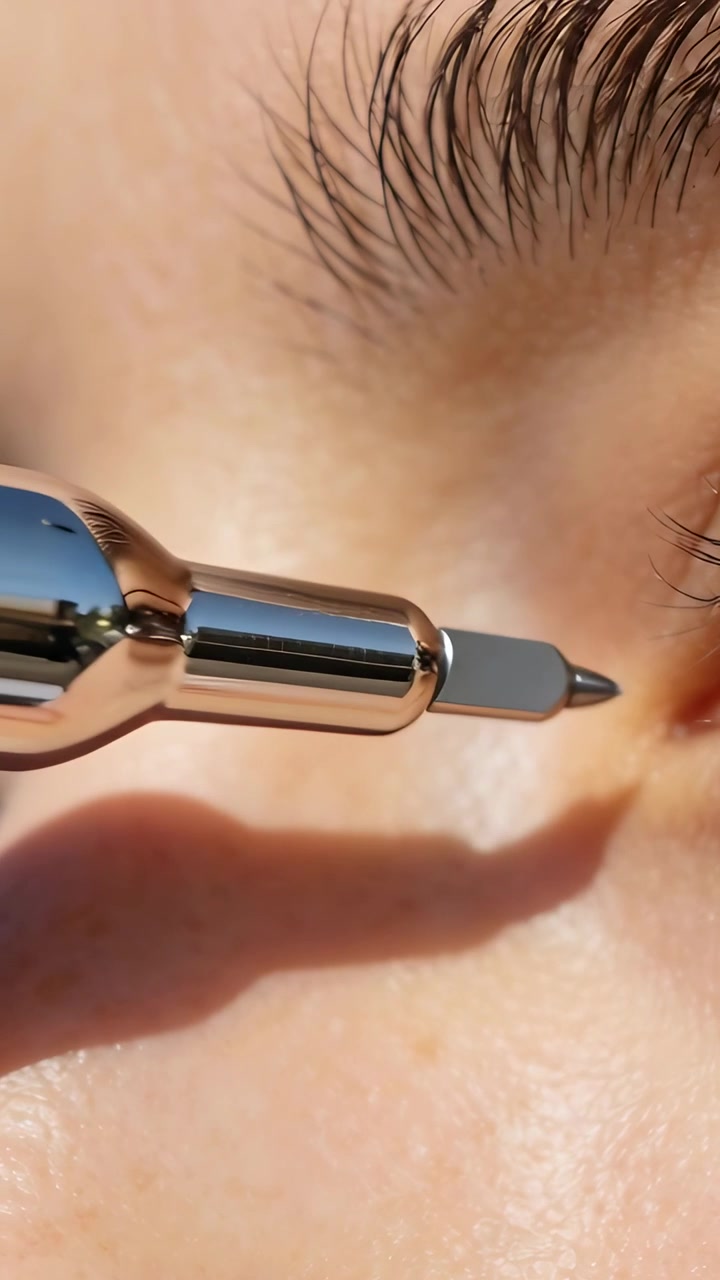 Vertical video: Off-frame hand placing metallic pen tip near outer eye in sunlight, gleaming
