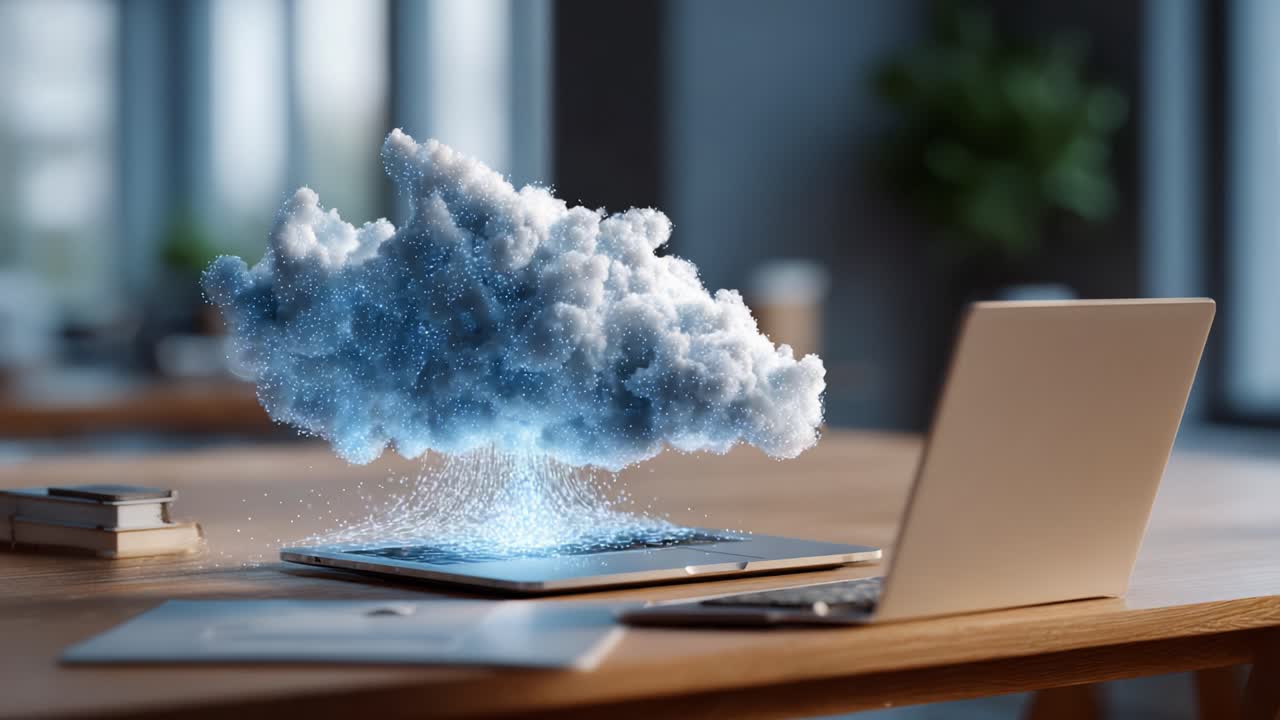 A Digital Transformation: Visualizing Cloud Data Emerging from a Laptop with a Dynamic, Ethereal Cloud Representation Above a Modern Workspace