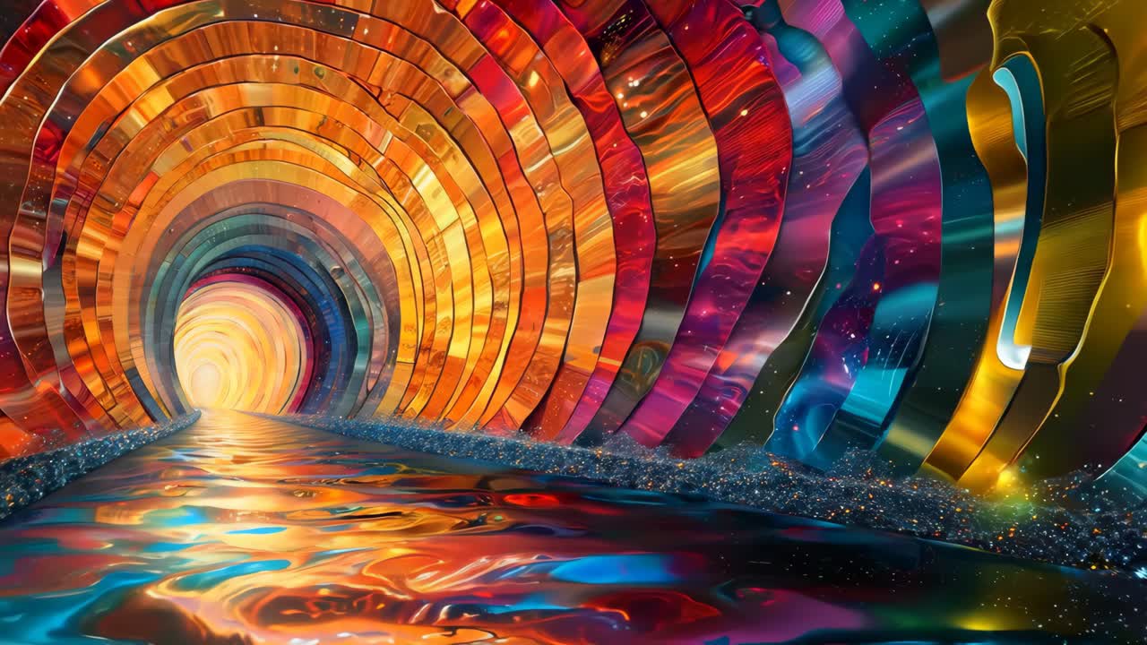 A colorful painting of a tunnel with a river flowing through it. The colors are bright and vibrant, creating a sense of wonder and excitement. The painting seems to be inspired by the beauty of nature