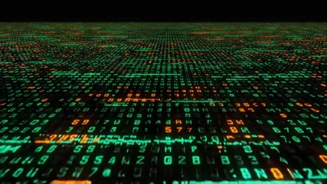 a captivating glimpse into a digital matrix: a flow of numbers and symbols displayed in dynamic green and orange patterns, representing the essence of data and technology