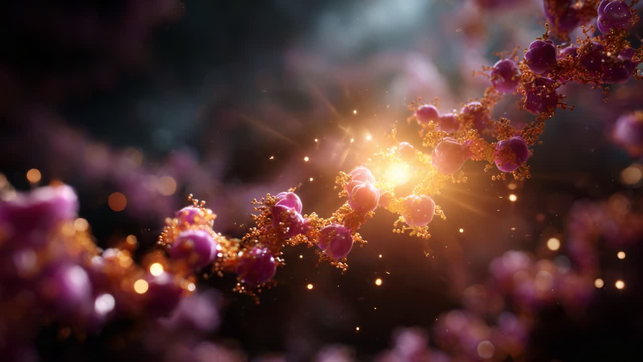 A Stunning Close-Up of a Molecular Structure with Sparkling Elements, Illuminated by a Bright Light Source Against a Dark Background Enveloping the Scene
