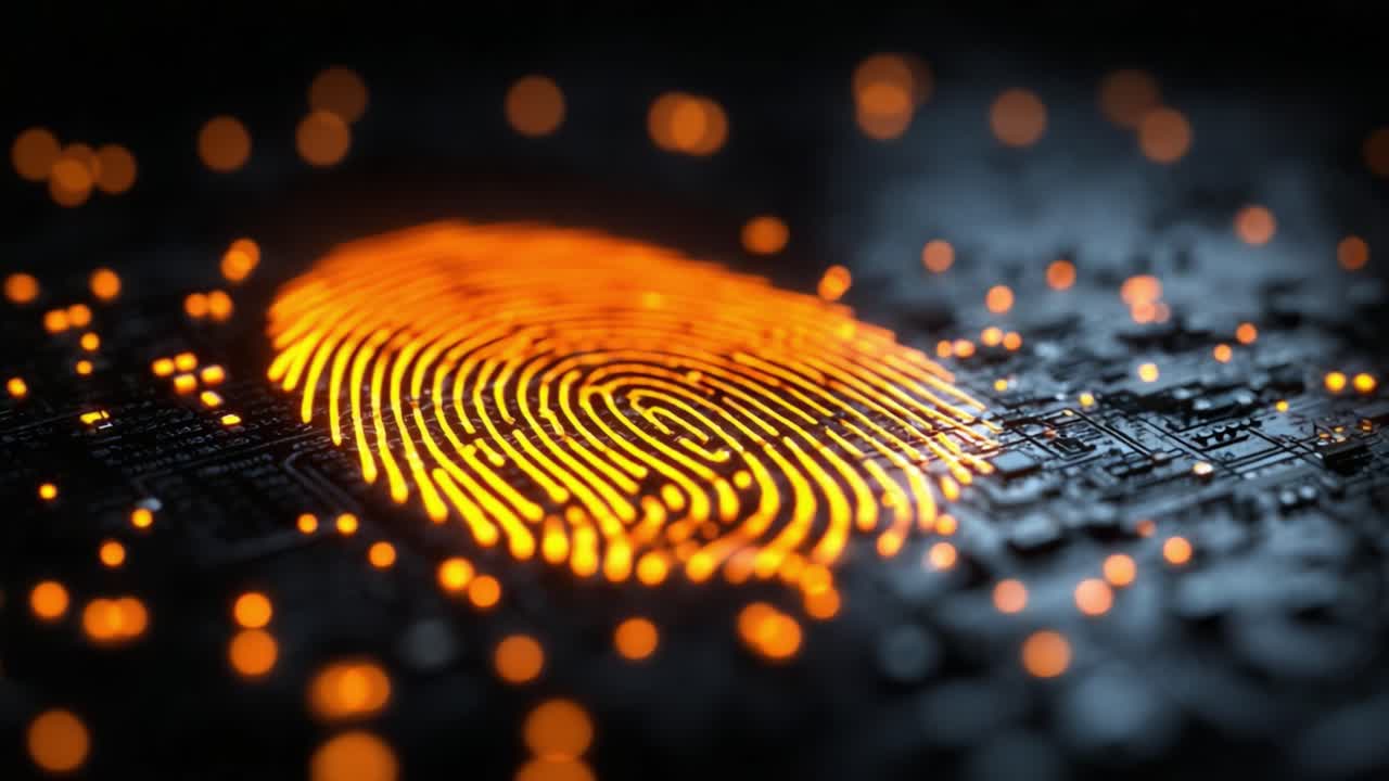 Digital Security: An Insight into Biometric Authentication with a Focus on the Vibrant Fingerprint Against a High-Tech Background of Circuitry and Lights