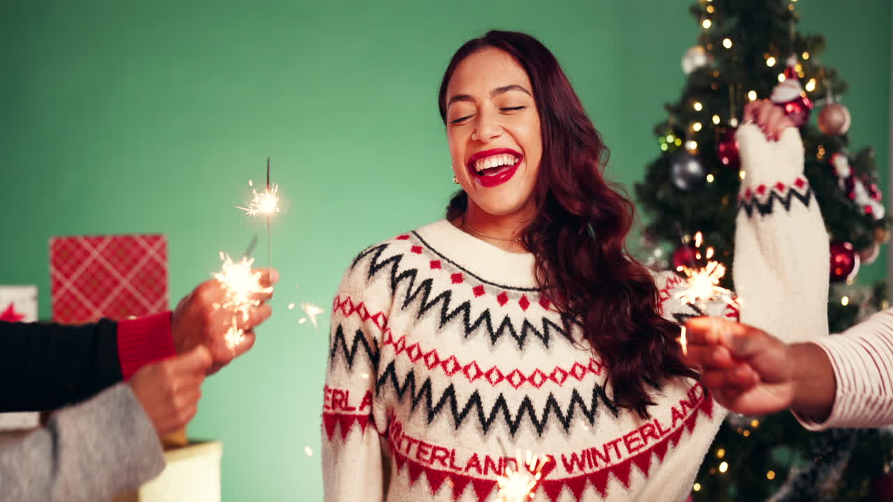 Woman Celebrating Christmas with Sparklers