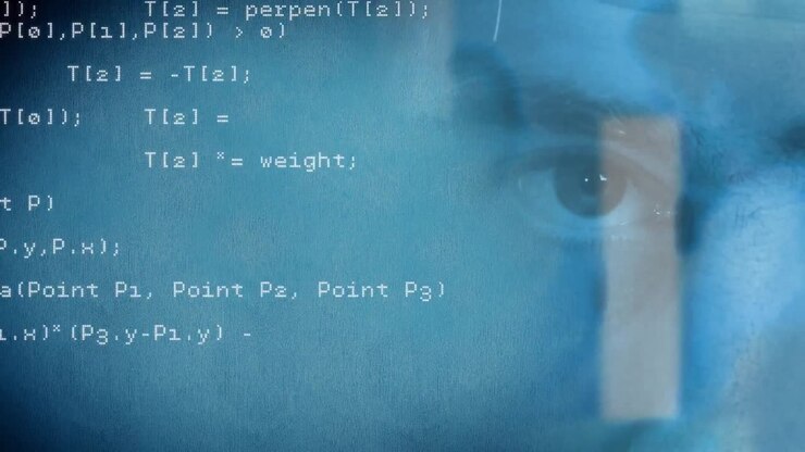 Animation af databehandling over øjet på en kaukasisk mand på sort baggrund