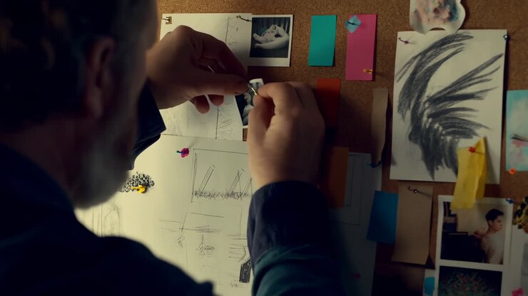 Man working on a corkboard with sketches and pictures