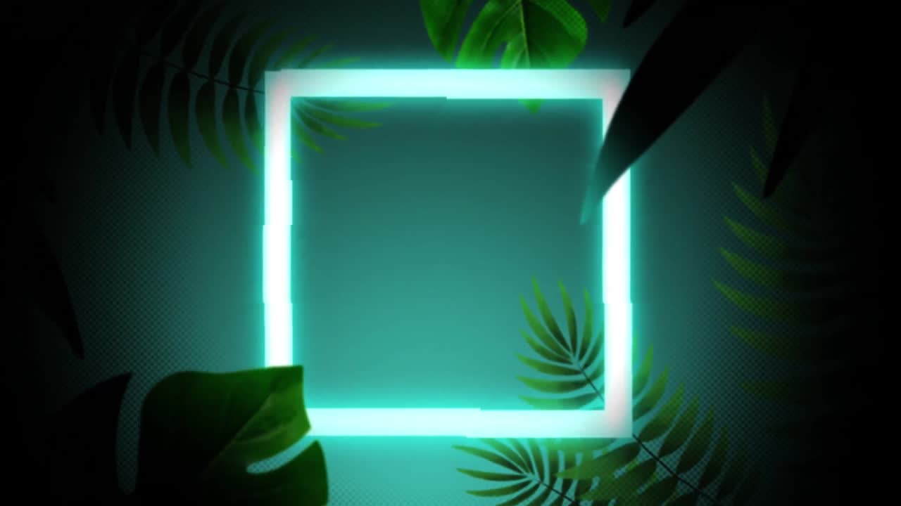animazione di quadrato al neon blu con piante esotiche intorno