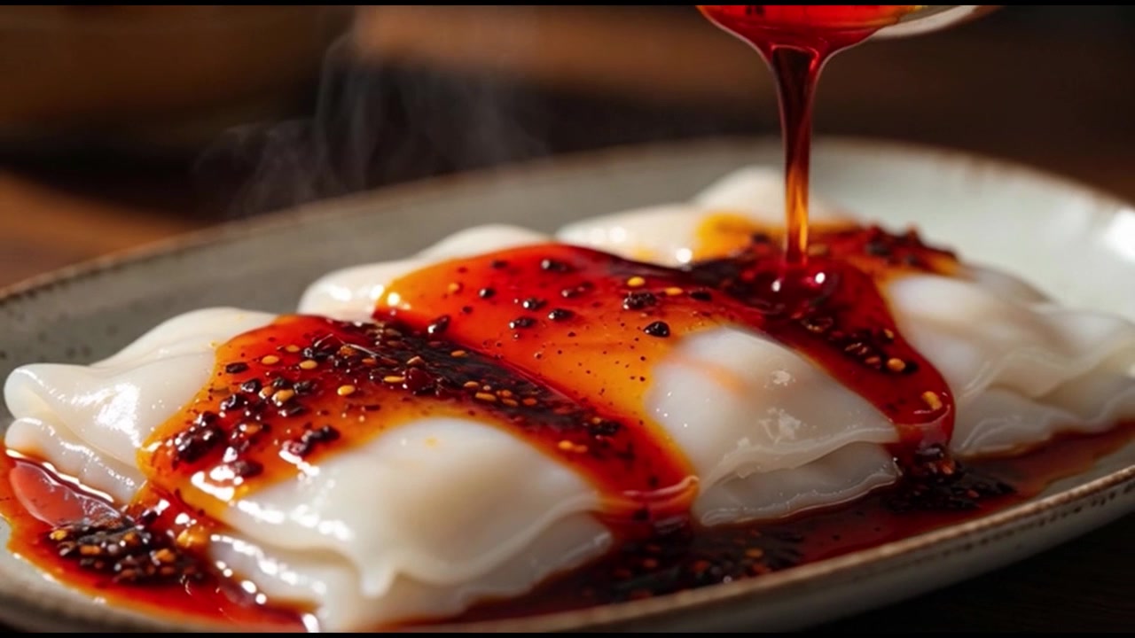Dầu ớt được rưới lên bánh cuốn nóng hổi