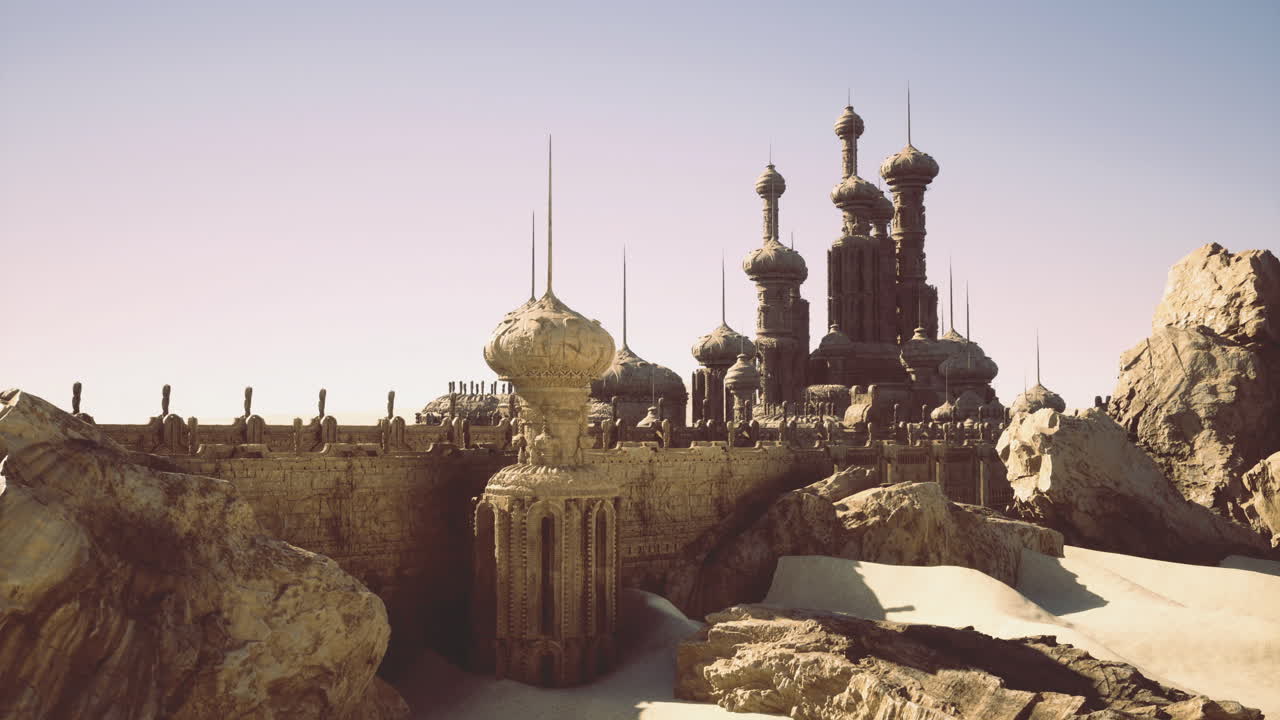 Stunning ancient castle surrounded by rocky terrain under clear sky