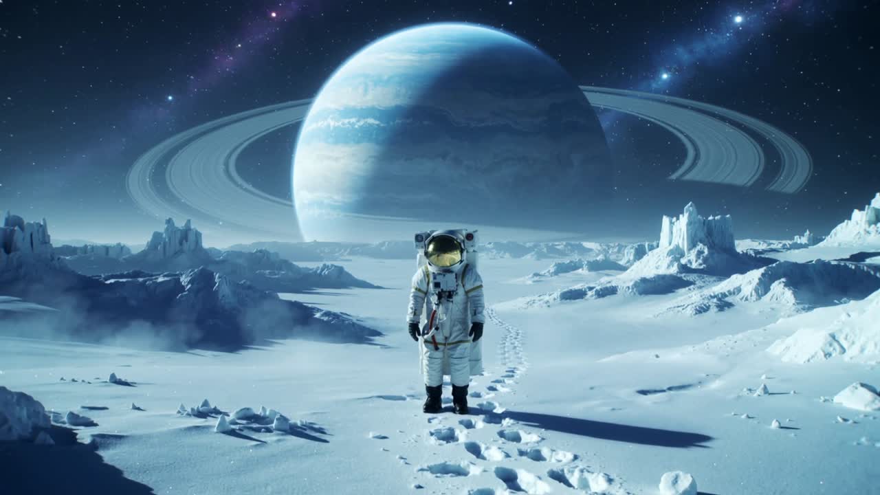 Ser fodspor, astronaut i rumdragt med livspakke holder pause på isdækket slette, observerer ringe