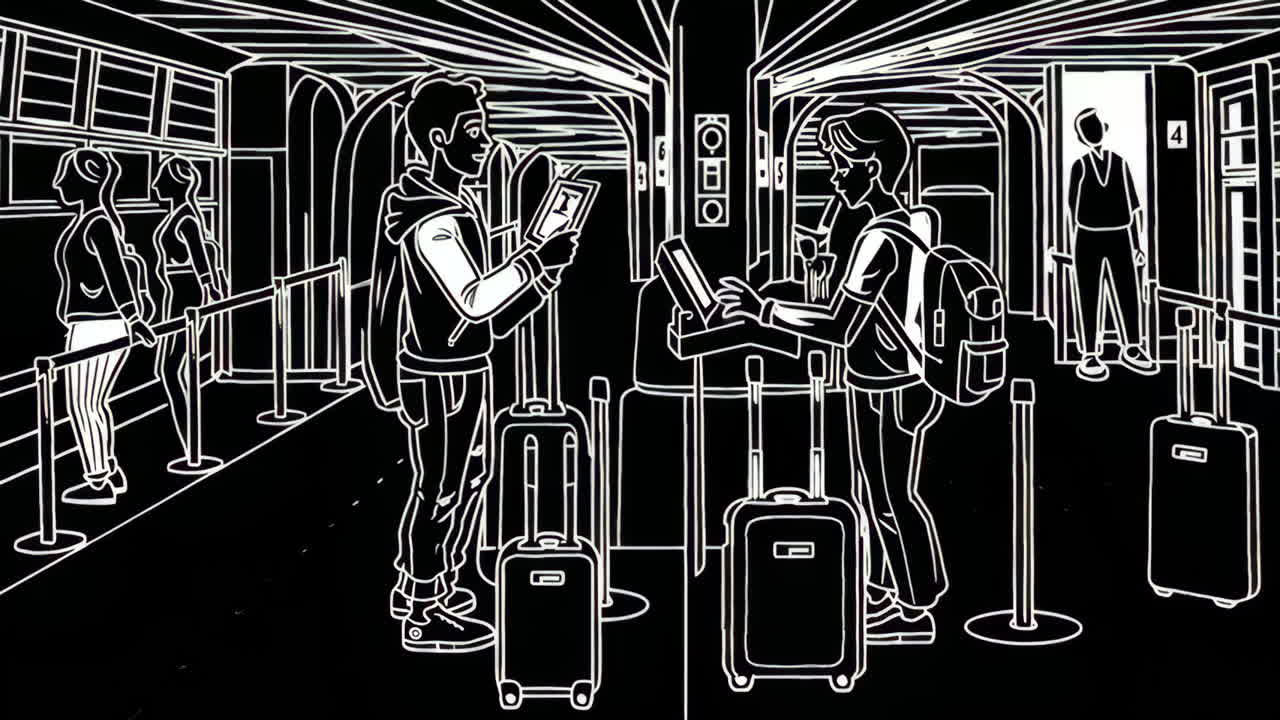 Travelers at Airport Check-in - Black and White Line Art