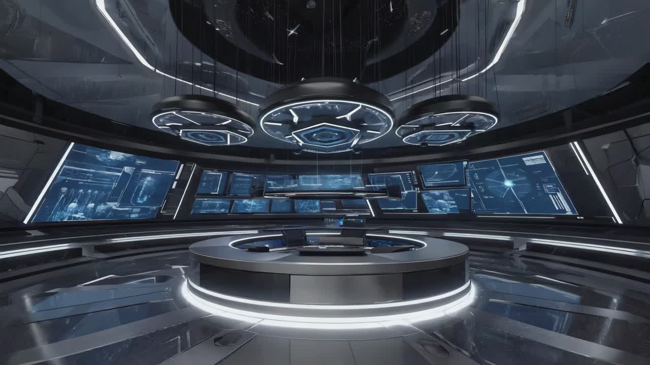 Futuristic Sci-Fi Control Room with Multiple Data Screens