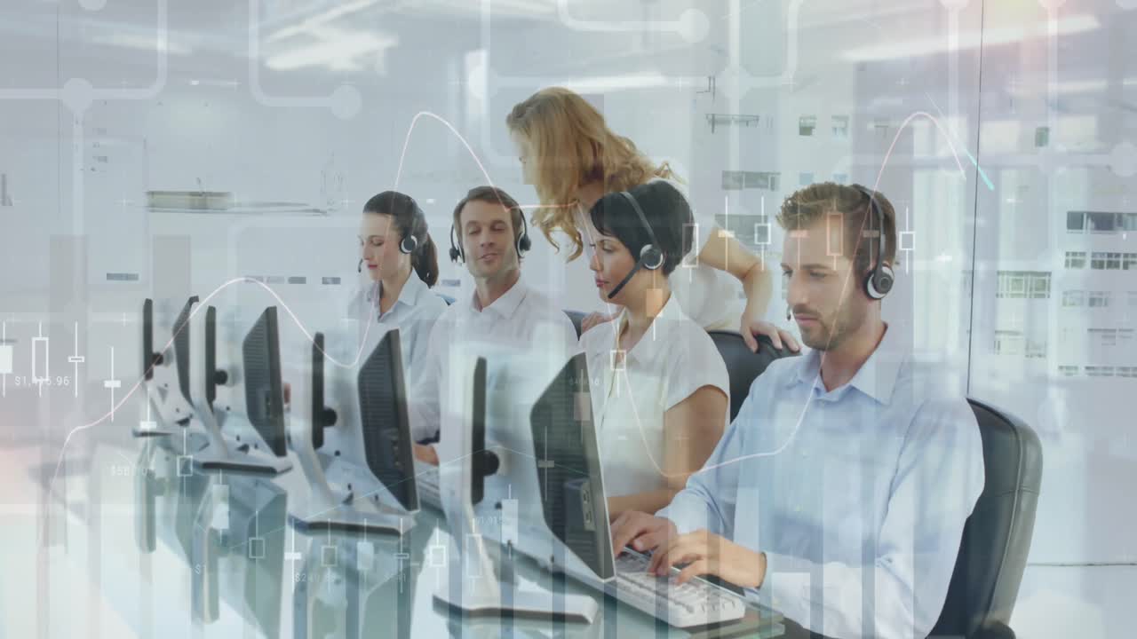 사무실에서 다양한 비즈니스 사람들에 대한 데이터 처리의 애니메이션