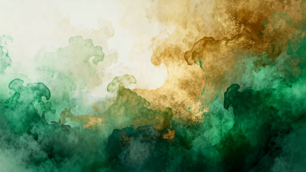 L'animation débute, un nuage de pigments vert-doré en mouvement forme des crêtes sur une toile crème.