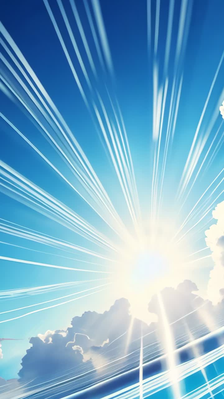 Vertical video: Rising sun disc emitting light rays over clouds, illuminating blue sky
