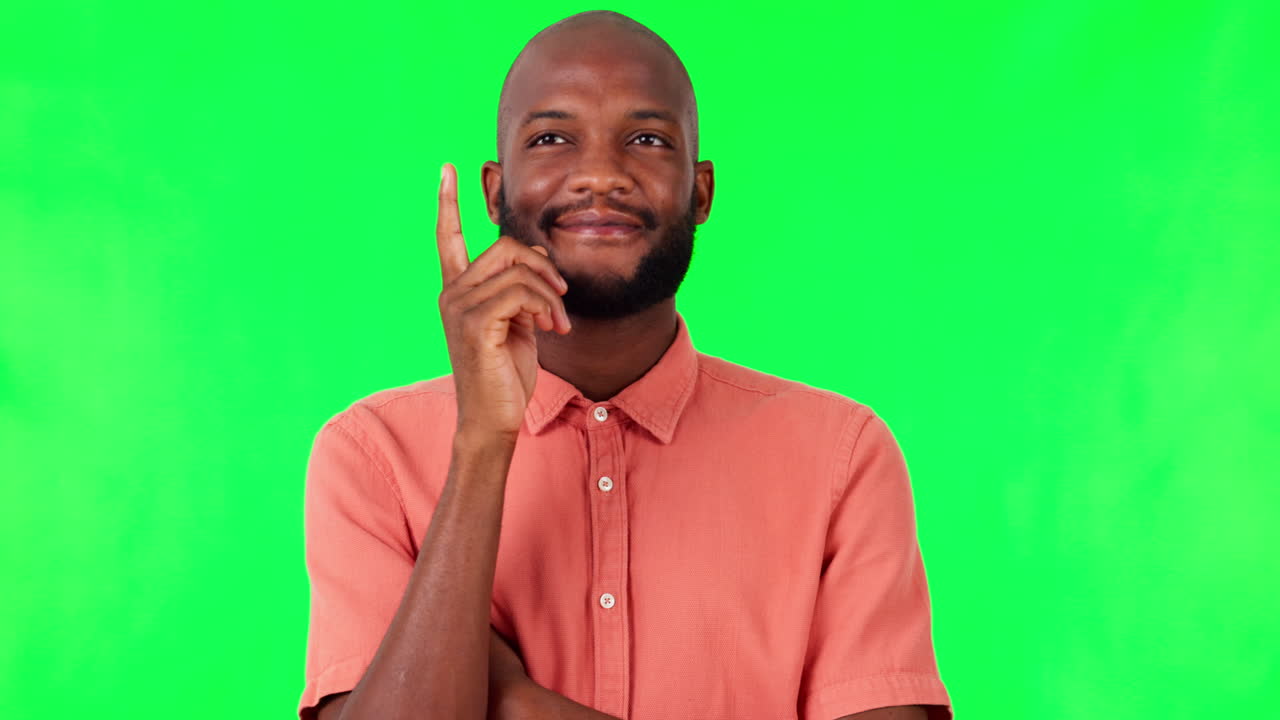 Black man, thinking and ideas with green screen